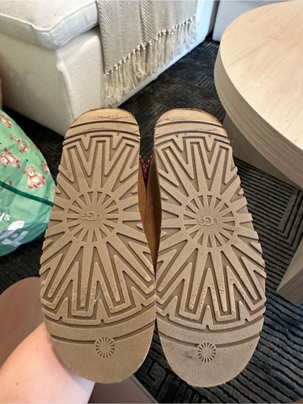 UGG Chestnut Suede Mule Slippers with Red Trim